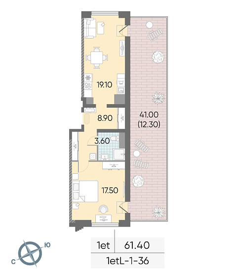 студия, 61.4 м², 36 этаж 