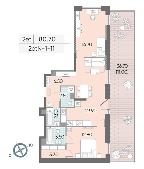 1 комн. квартира, 80.7 м², 11 этаж 