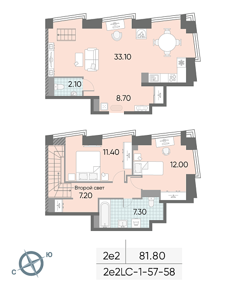 1 комн. квартира, 81.8 м², 57 этаж 