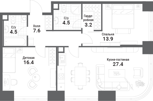 2 комн. квартира, 77.5 м², 16 этаж 