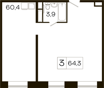2 комн. квартира, 64.3 м², 25 этаж 
