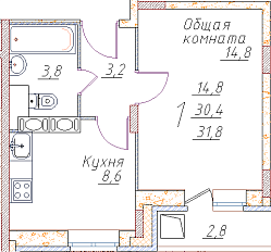 1 комн. квартира, 31 м², 8 этаж 