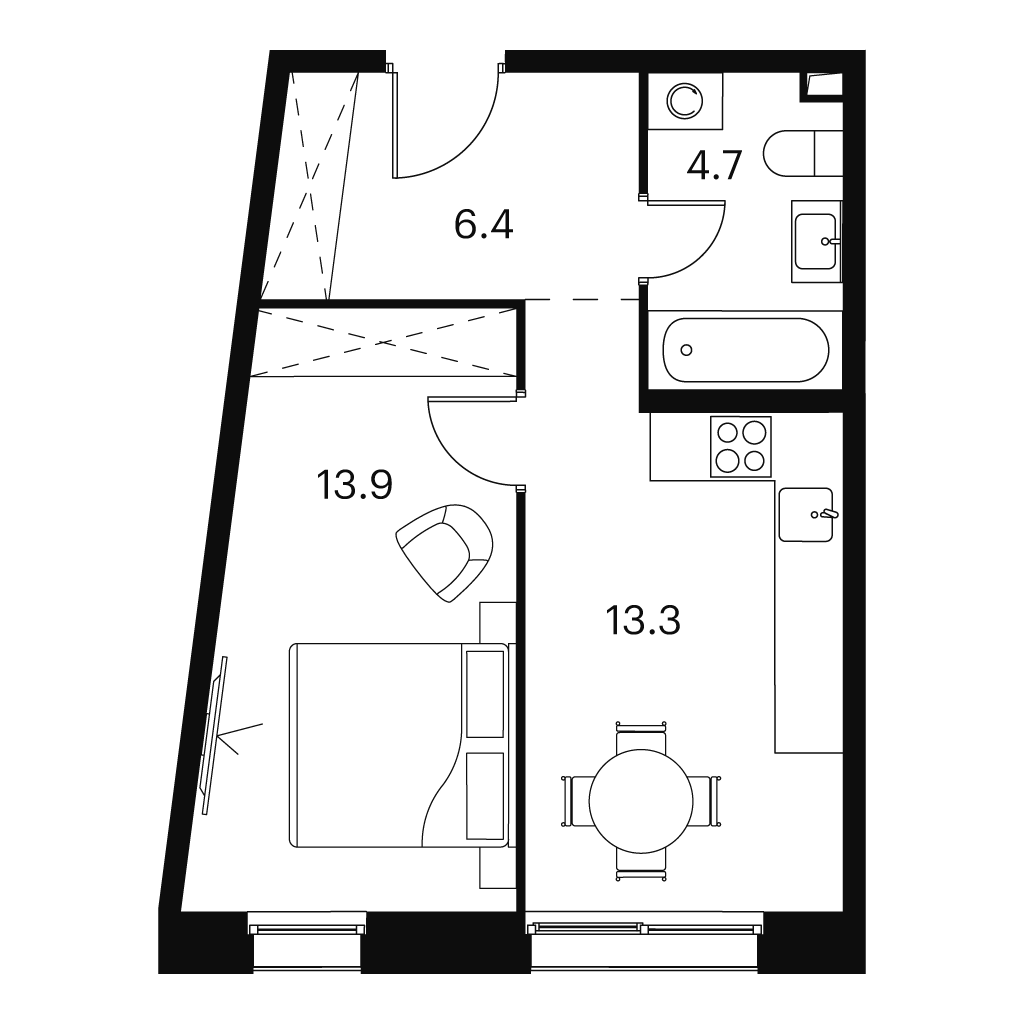 1 комн. квартира, 38.3 м², 2 этаж 