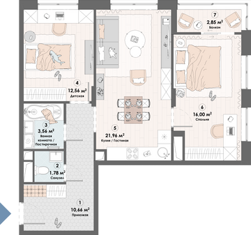 2 комн. квартира, 69.4 м², 14 этаж 