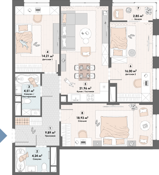 3 комн. квартира, 92.7 м², 13 этаж 
