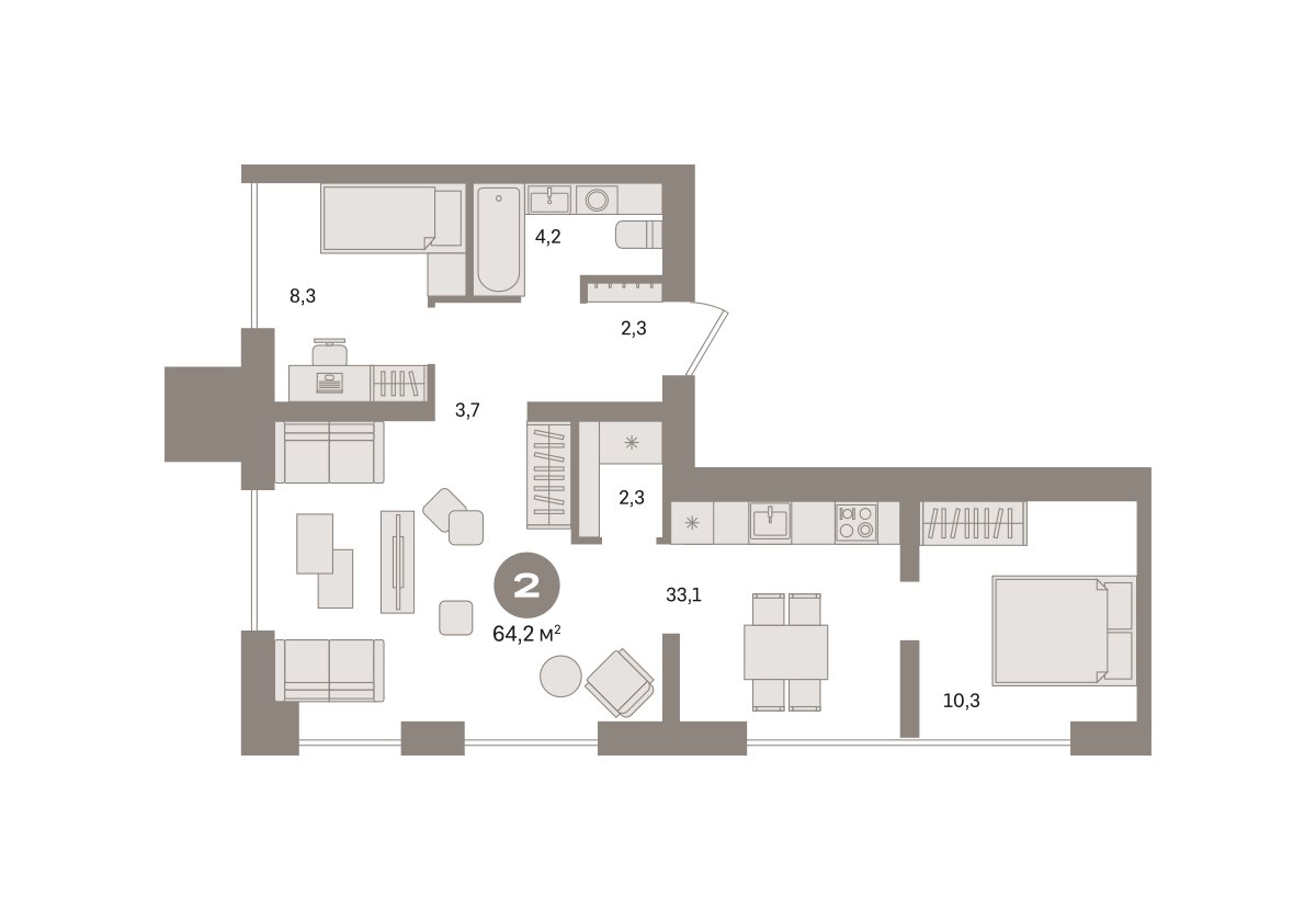 2 комн. квартира, 64.2 м², 8 этаж  (из 24)