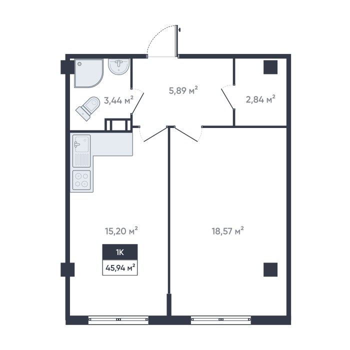 1 комн. квартира, 46.4 м², 11 этаж 