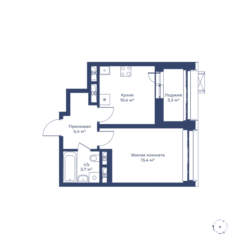 1 комн. квартира, 34.6 м², 8 этаж 