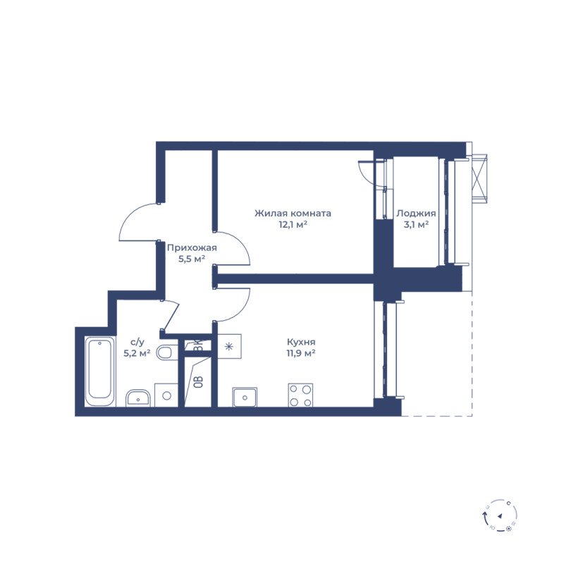 1 комн. квартира, 36.3 м², 2 этаж 