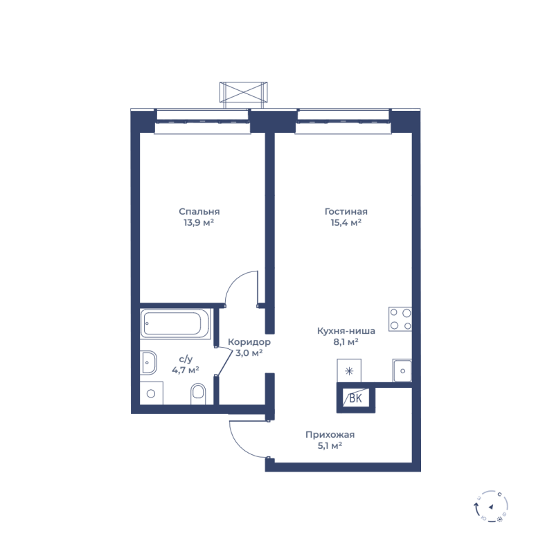 2 комн. квартира, 50.2 м², 1 этаж 