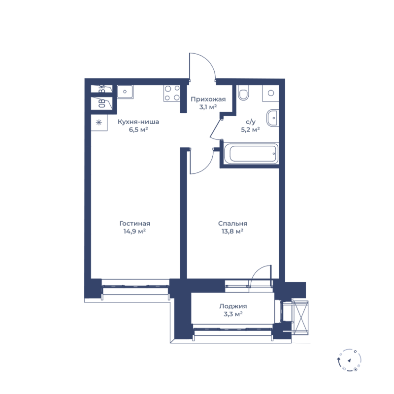 2 комн. квартира, 45.2 м², 14 этаж 