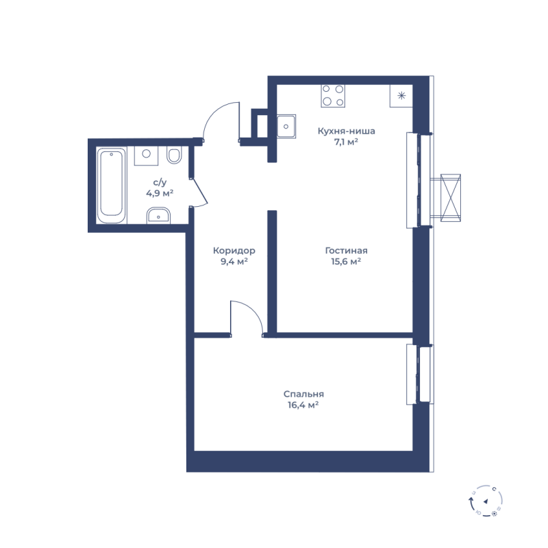 2 комн. квартира, 52.9 м², 1 этаж 