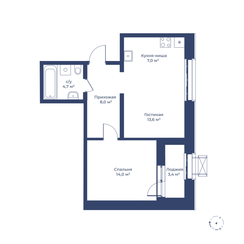 2 комн. квартира, 49 м², 14 этаж 