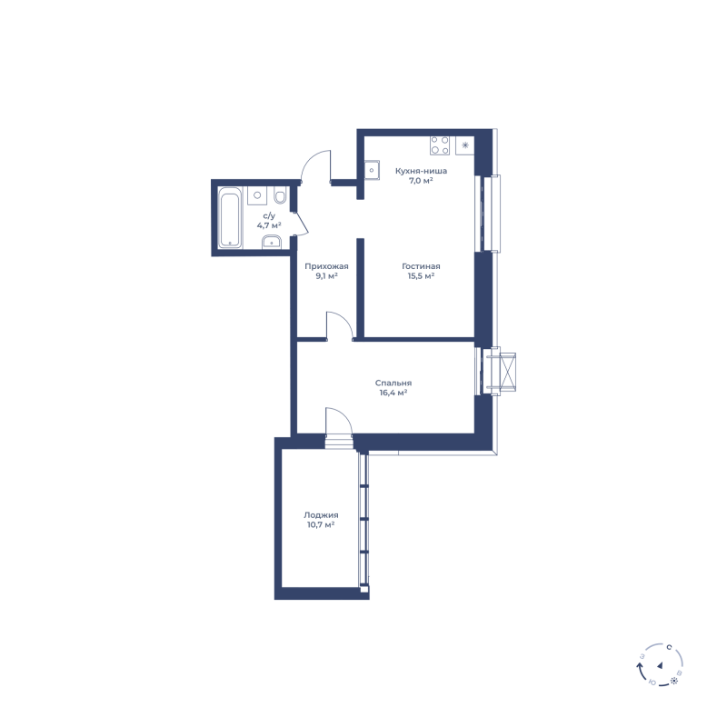 2 комн. квартира, 58.1 м², 2 этаж 
