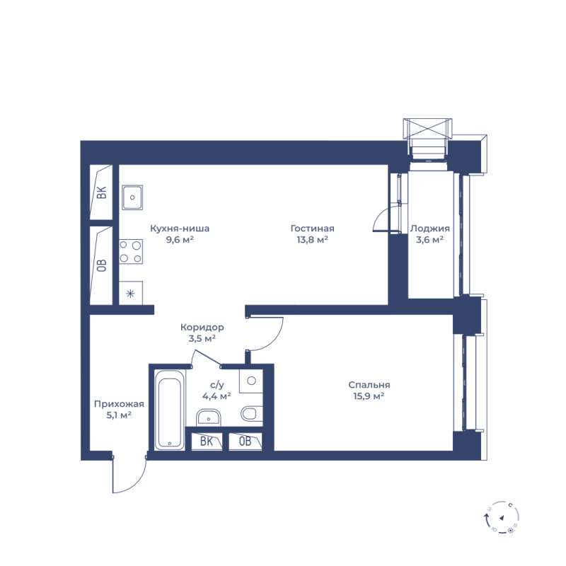 2 комн. квартира, 54.1 м², 12 этаж 