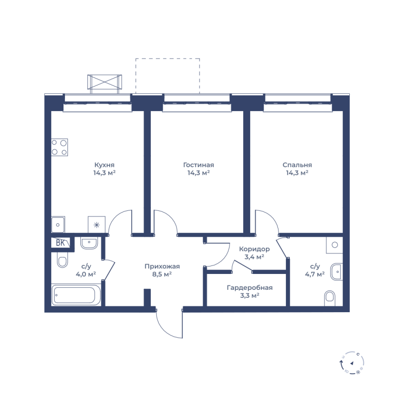 2 комн. квартира, 66.8 м², 1 этаж 