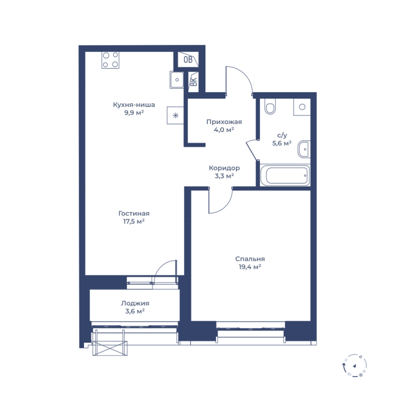 2 комн. квартира, 61.5 м², 15 этаж 