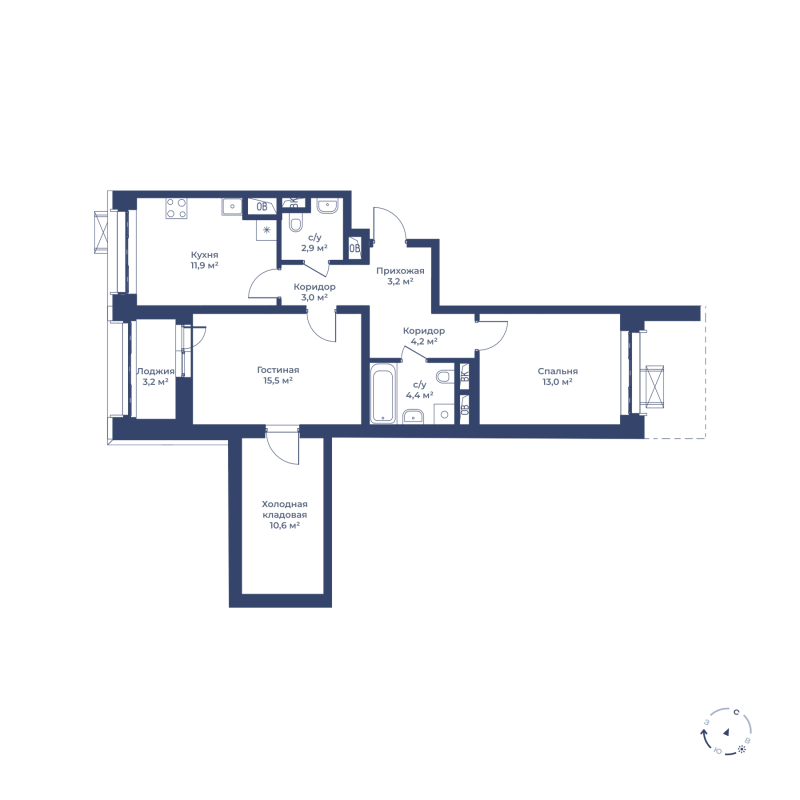 2 комн. квартира, 70.3 м², 2 этаж 
