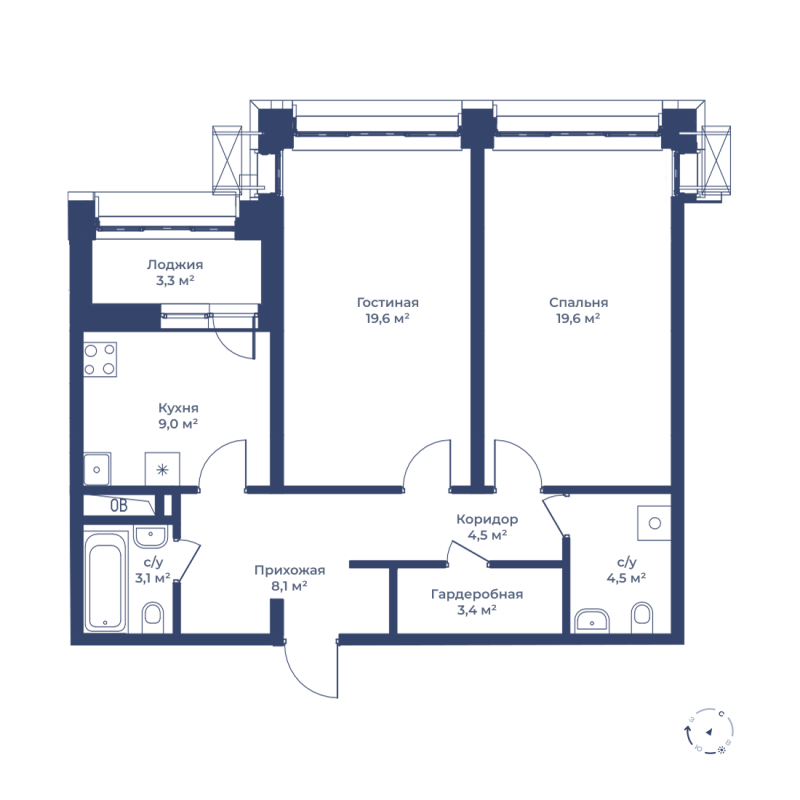 2 комн. квартира, 73.5 м², 2 этаж 