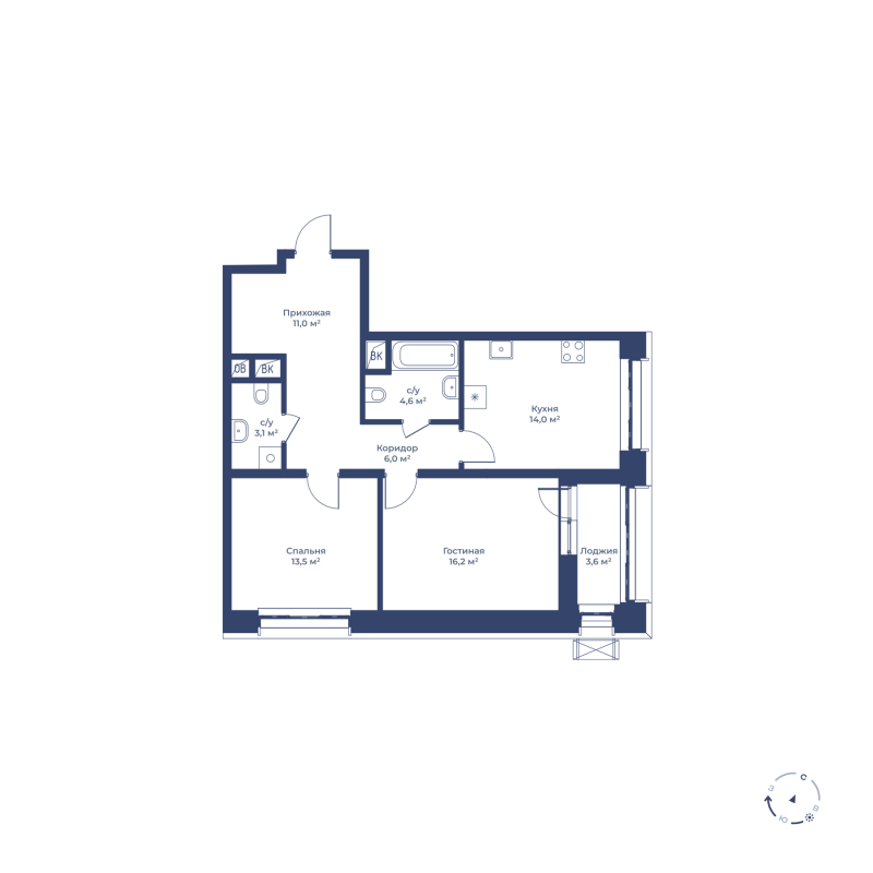 2 комн. квартира, 70.2 м², 13 этаж 