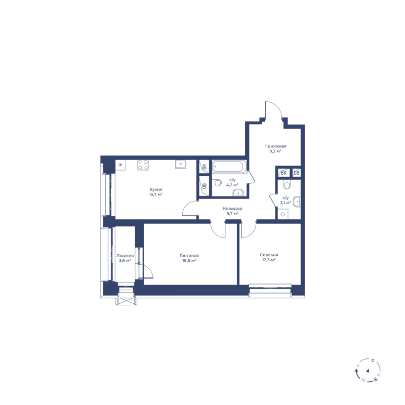 2 комн. квартира, 70.7 м², 2 этаж 