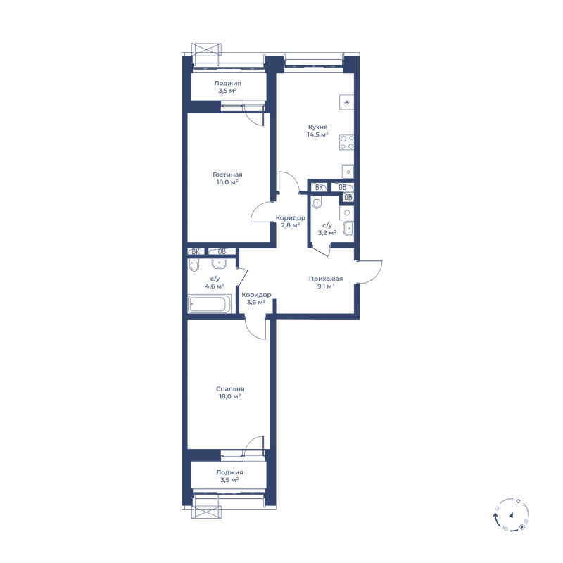 2 комн. квартира, 77.4 м², 6 этаж 
