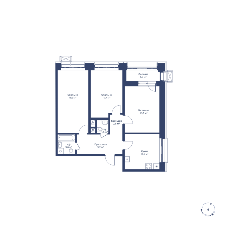 3 комн. квартира, 81.9 м², 3 этаж 