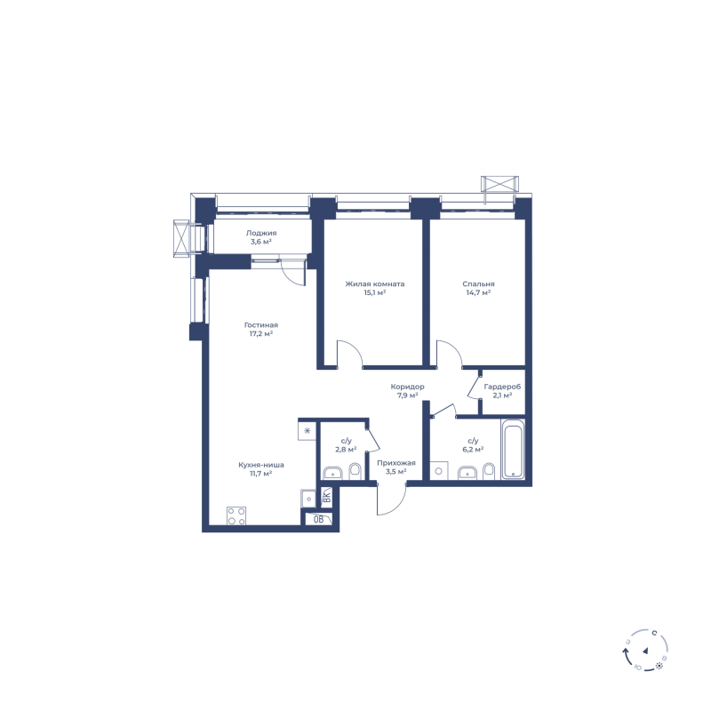 3 комн. квартира, 82.6 м², 13 этаж 