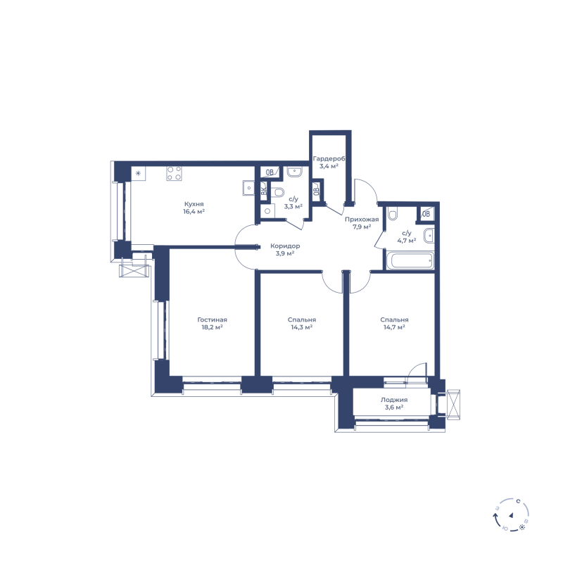 3 комн. квартира, 88.6 м², 11 этаж 