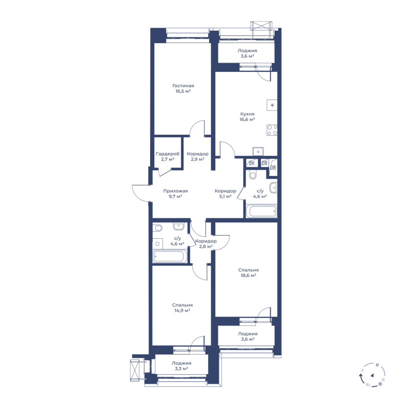 3 комн. квартира, 104.2 м², 7 этаж 