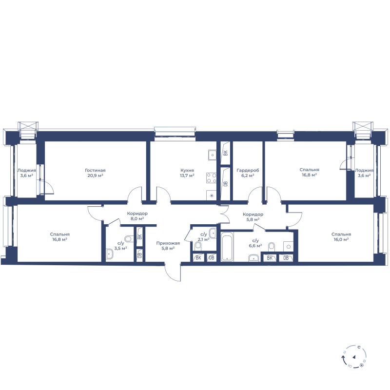 4 комн. квартира, 125.8 м², 16 этаж 