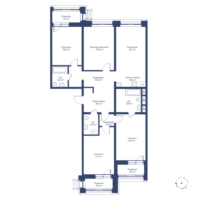 5 комн. квартира, 135.7 м², 2 этаж 