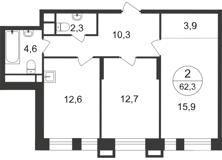 2 комн. квартира, 62.3 м², 7 этаж  (из 20)