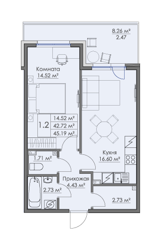 1 комн. квартира, 45.2 м², 1 этаж 