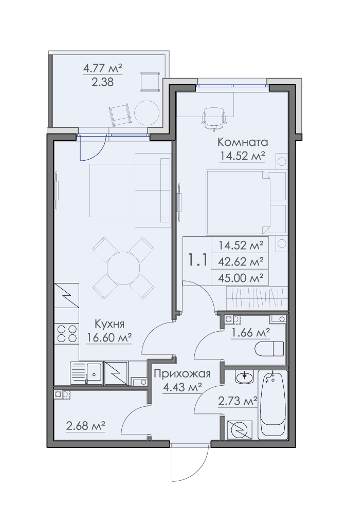 1 комн. квартира, 45 м², 2 этаж 