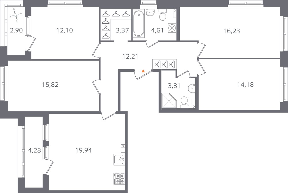4 комн. квартира, 102.3 м², 3 этаж 