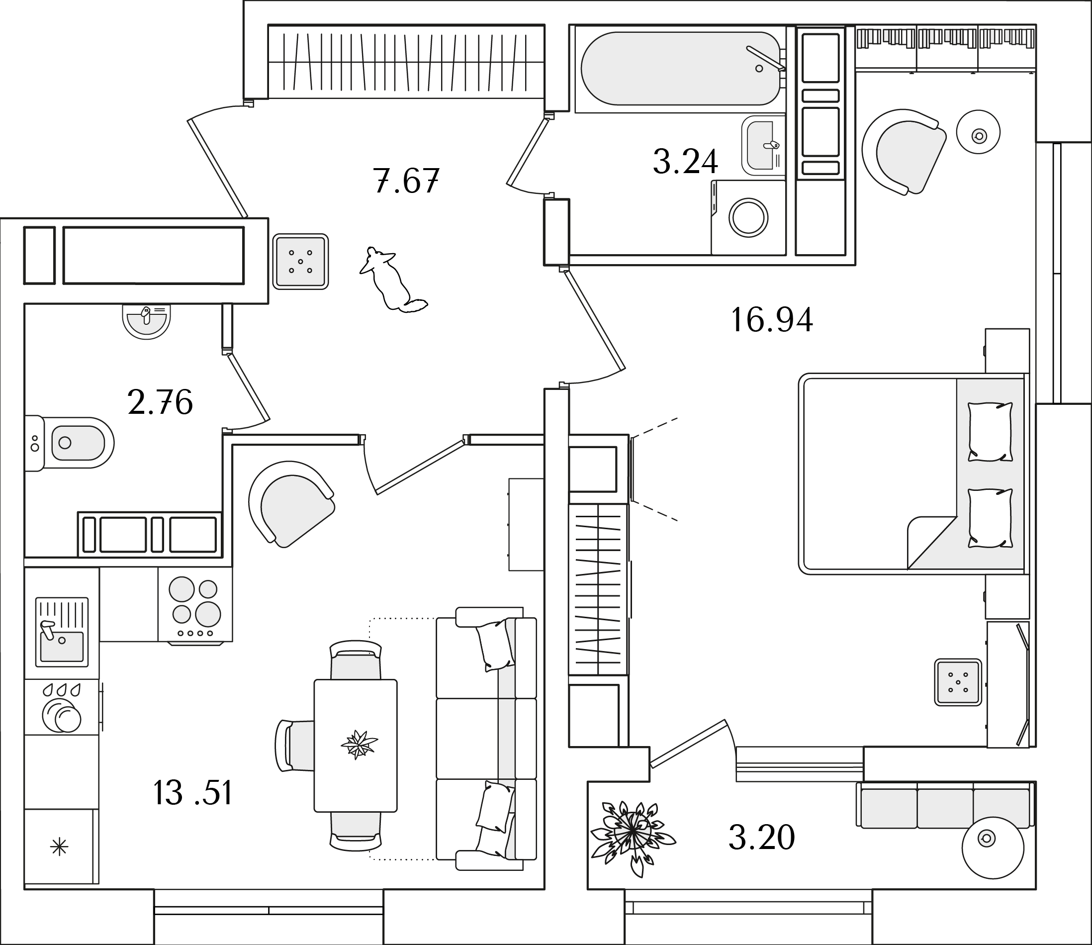 1 комн. квартира, 45.7 м², 17 этаж 