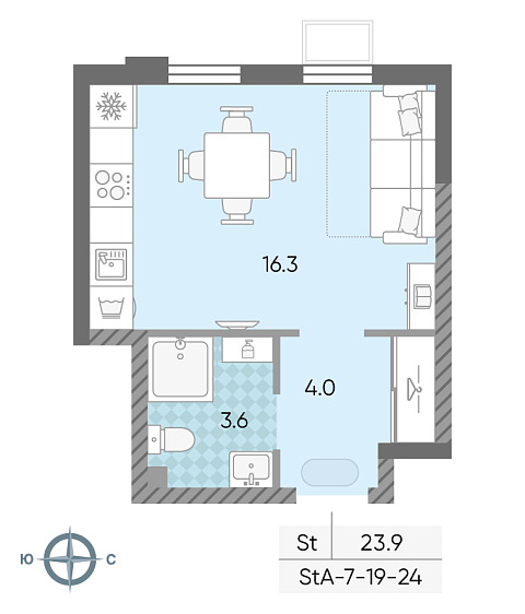 студия, 23.9 м², 21 этаж 