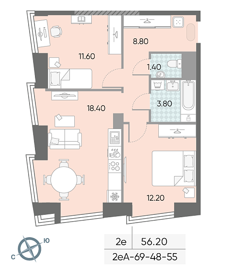 1 комн. квартира, 56.2 м², 54 этаж 