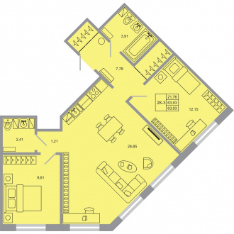 2 комн. квартира, 63.9 м², 5 этаж 