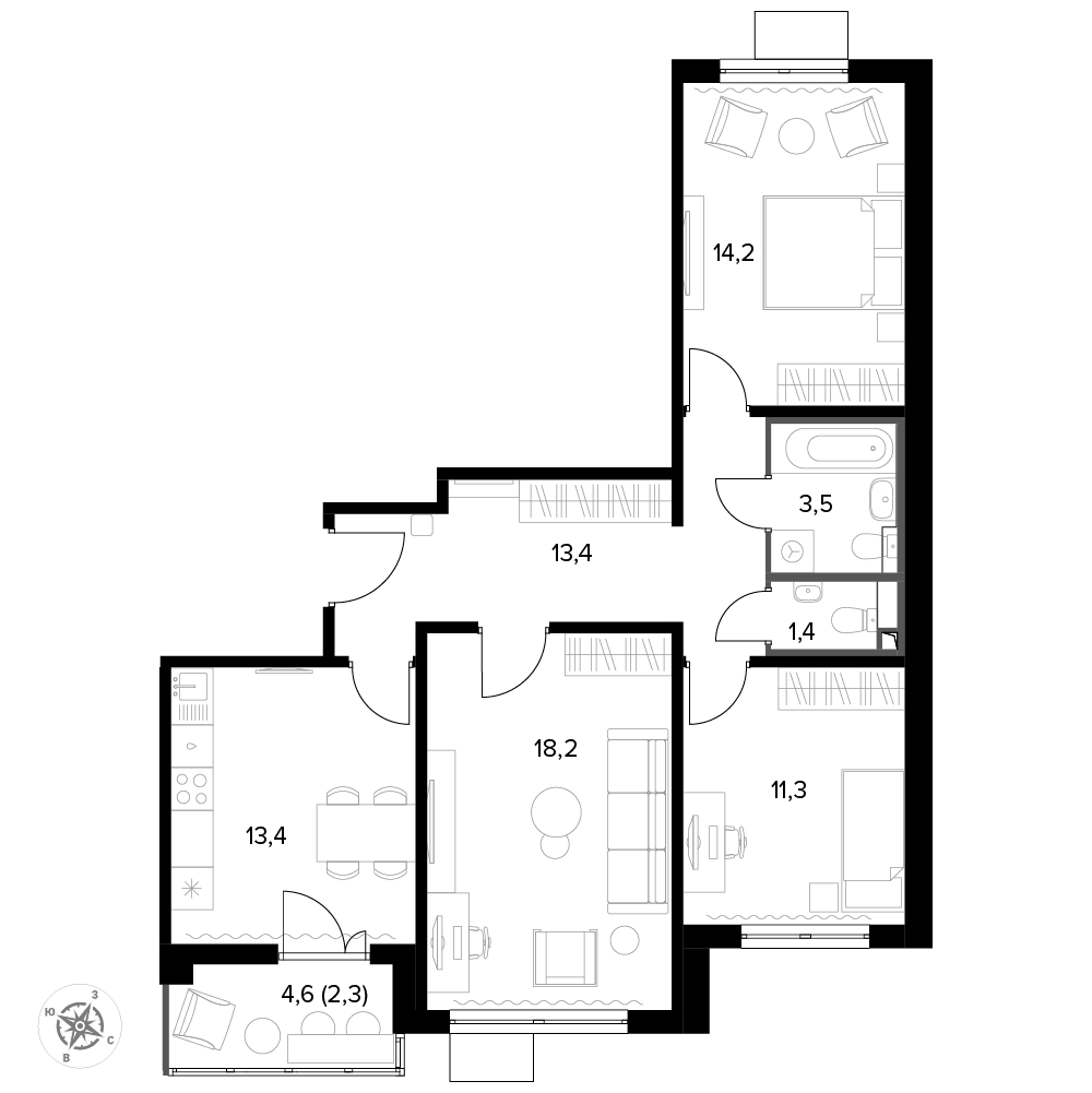 3 комн. квартира, 82.5 м², 16 этаж 