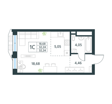 студия, 32.2 м², 16 этаж 