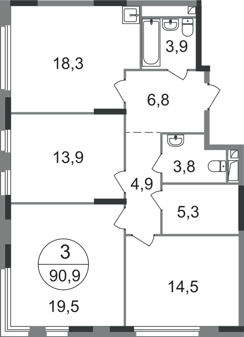 3 комн. квартира, 90.9 м², 15 этаж  (из 17)