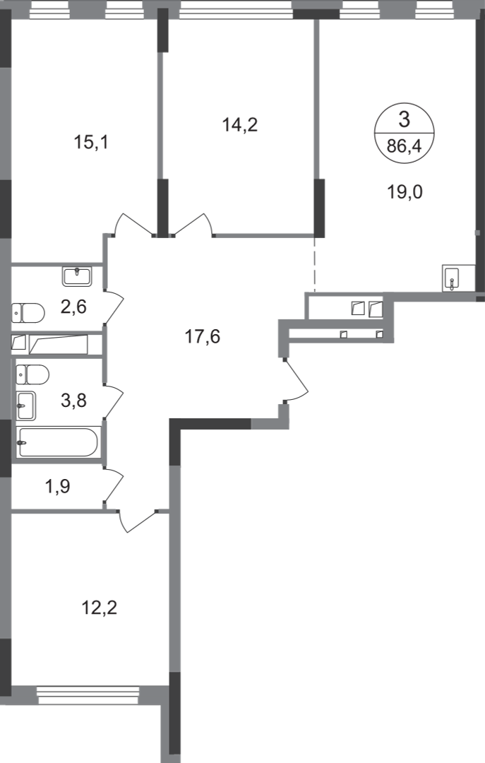 3 комн. квартира, 86.4 м², 3 этаж  (из 17)