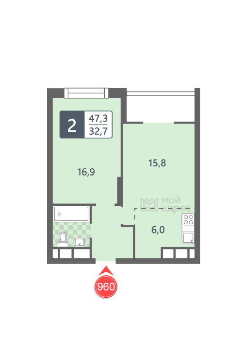 1 комн. квартира, 47.3 м², 19 этаж 
