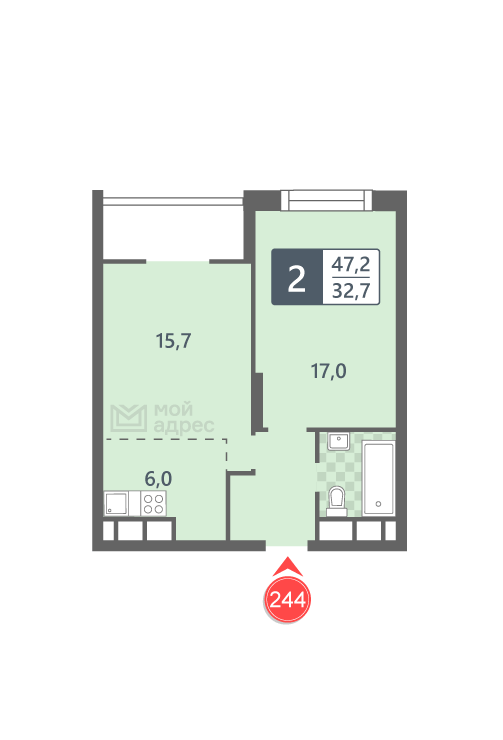 1 комн. квартира, 47.2 м², 22 этаж 