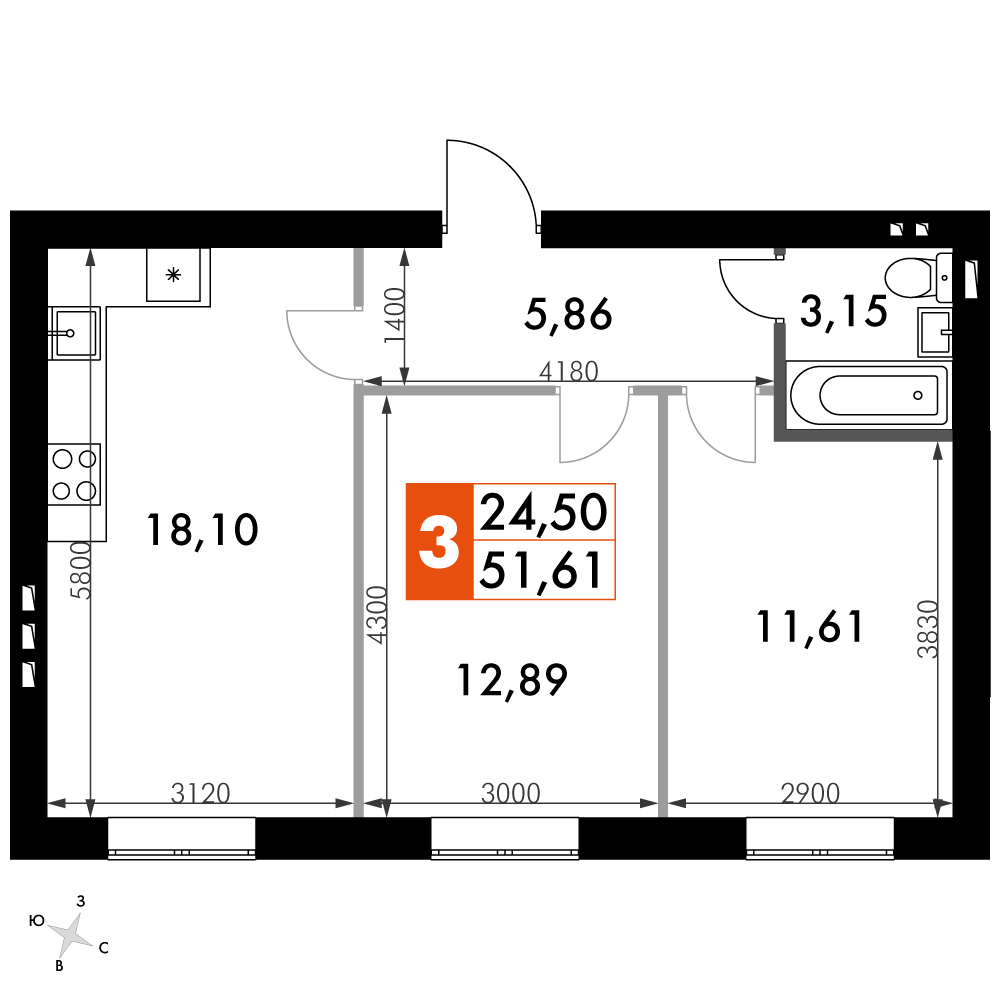 2 комн. квартира, 51.6 м², 4 этаж 