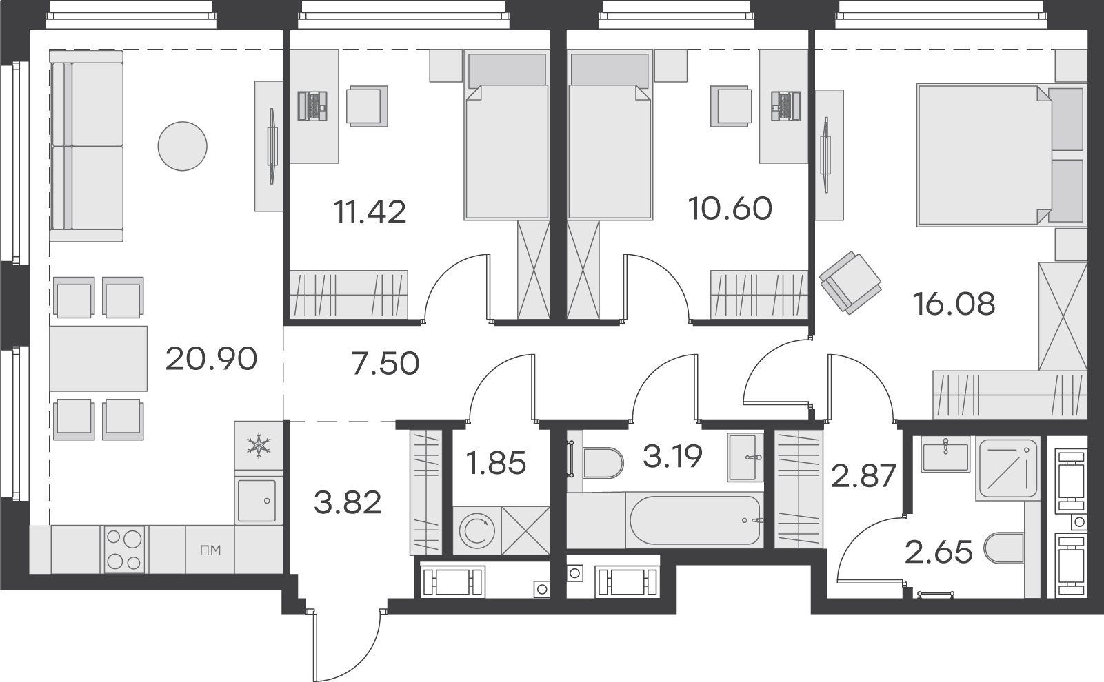 2 комн. квартира, 79.9 м², 17 этаж 
