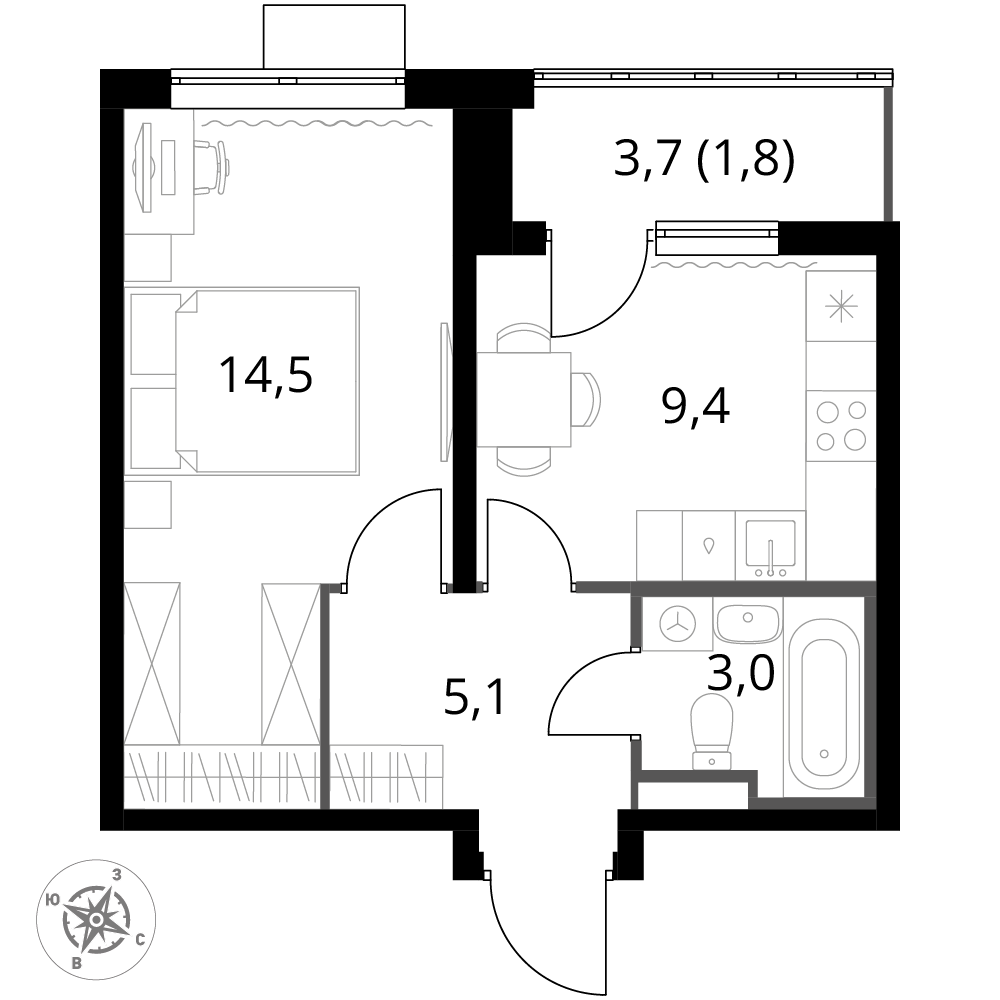 1 комн. квартира, 33.8 м², 3 этаж 