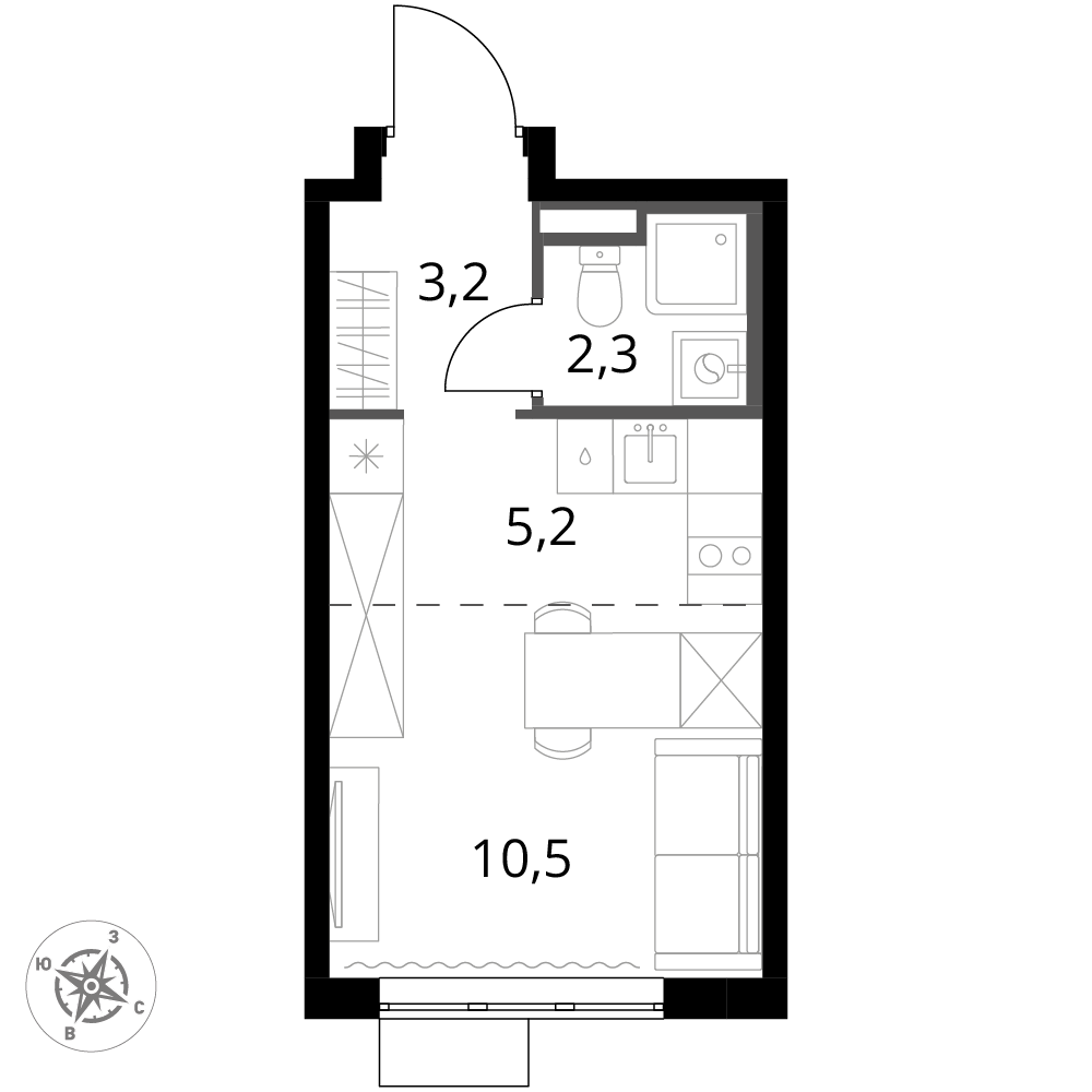 студия, 21.2 м², 5 этаж 
